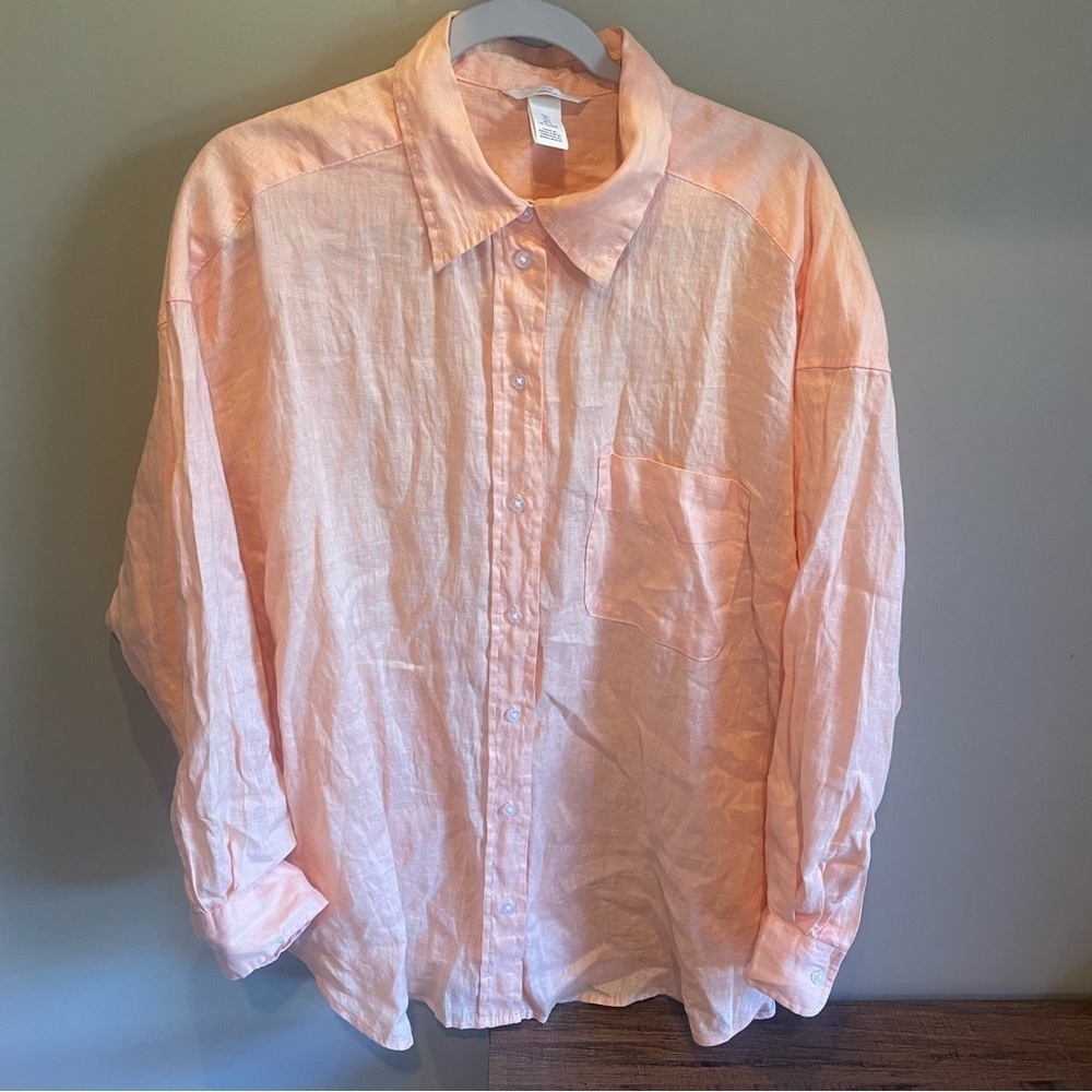 H & M 100% Linen Coral Orange Button Up Blouse Womens Sz Large